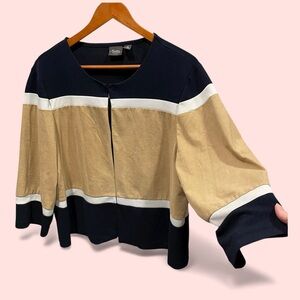 Cute relaxed Chico’s travelers camel navy striped cardigan top faux suede